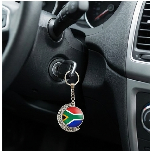 South African Flag 360-Degree Rotating Metal Keyring - Silver Souvenir