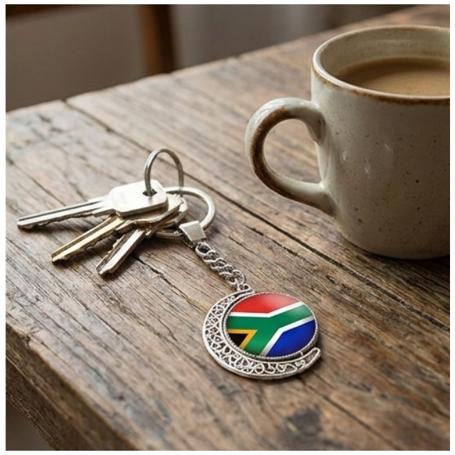 South African Flag 360-Degree Rotating Metal Keyring - Silver Souvenir