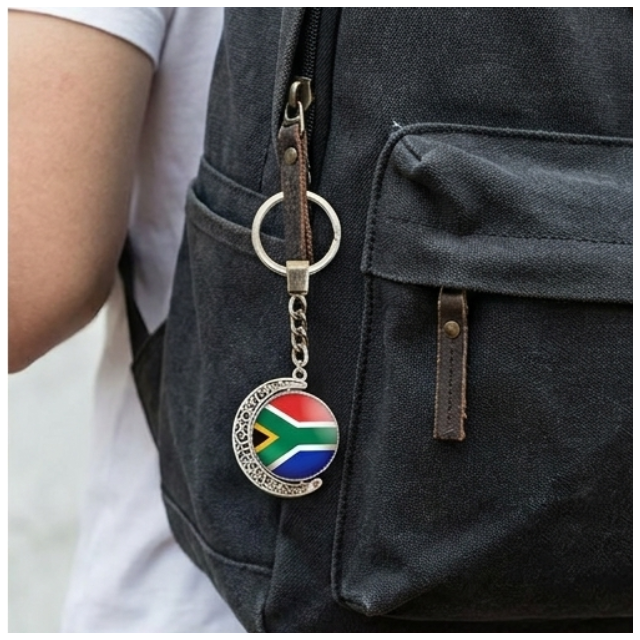 South African Flag 360-Degree Rotating Metal Keyring - Silver Souvenir