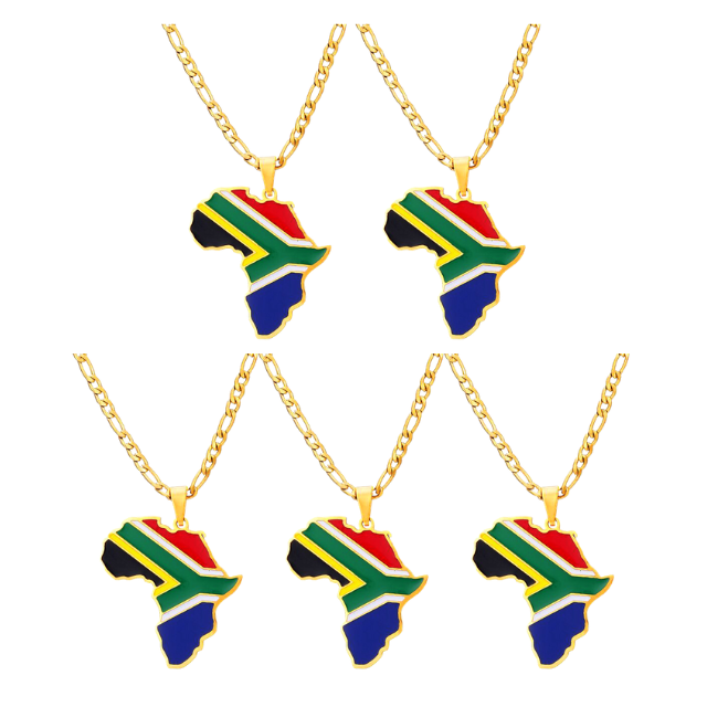 South African Flag Africa Map Pendant Necklace –Gold Stainless Steel Chain