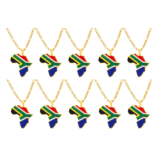 South African Flag Africa Map Pendant Necklace –Gold Stainless Steel Chain