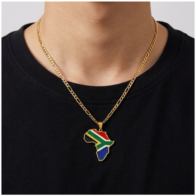 South African Flag Africa Map Pendant Necklace –Gold Stainless Steel Chain
