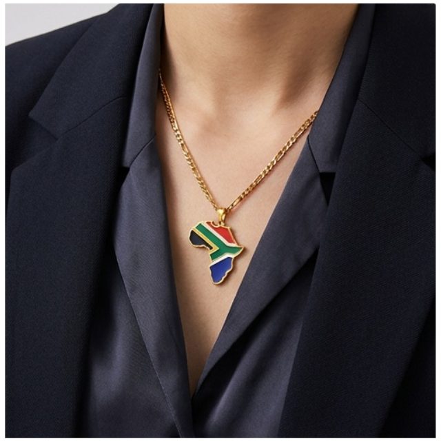 South African Flag Africa Map Pendant Necklace –Gold Stainless Steel Chain