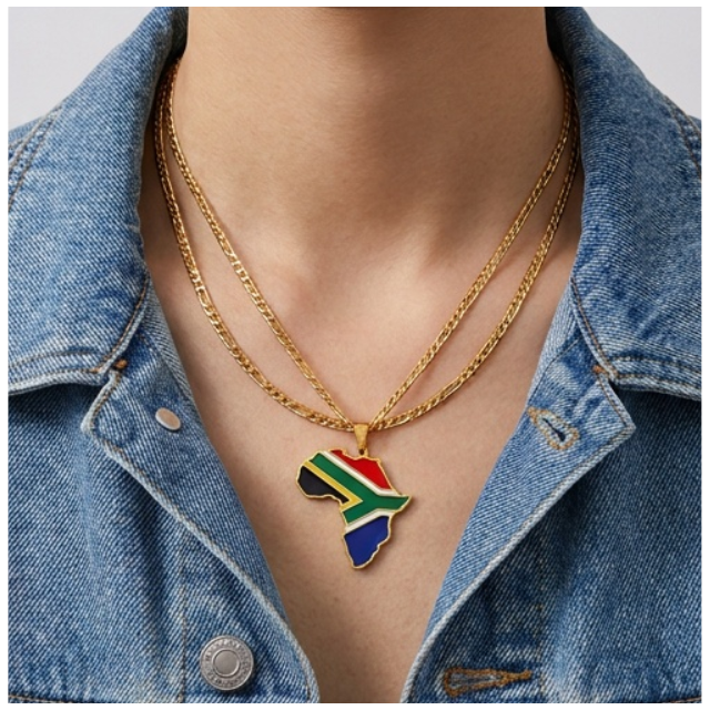 South African Flag Africa Map Pendant Necklace –Gold Stainless Steel Chain