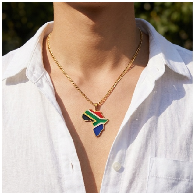 South African Flag Africa Map Pendant Necklace –Gold Stainless Steel Chain