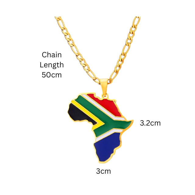 South African Flag Africa Map Pendant Necklace –Gold Stainless Steel Chain
