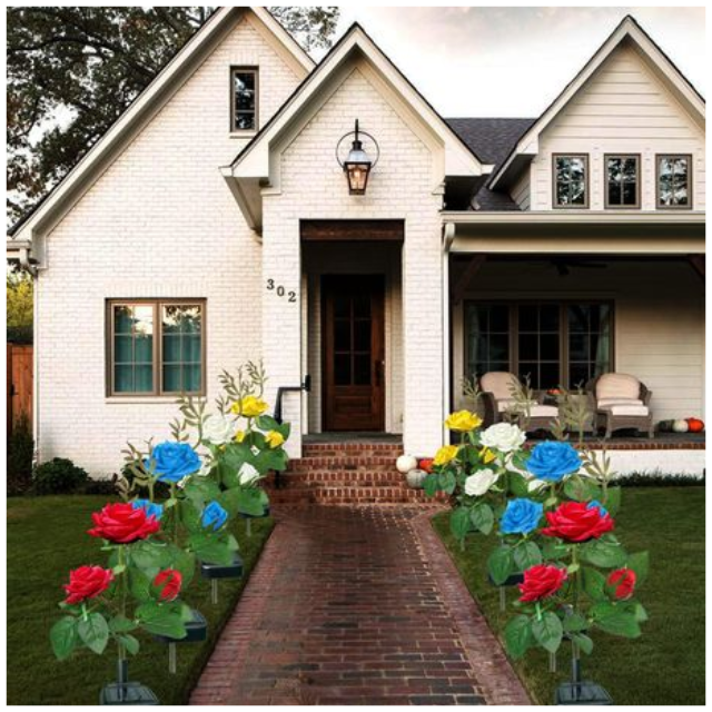 4 Pack 3 Head Rose Design Solar Light Garden Patio Outdoor Decorative