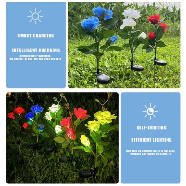 4 Pack 3 Head Rose Design Solar Light Garden Patio Outdoor Decorative