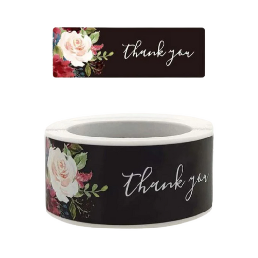 Black Rectangular rose flower Thank you stickers 120 pieces per roll
