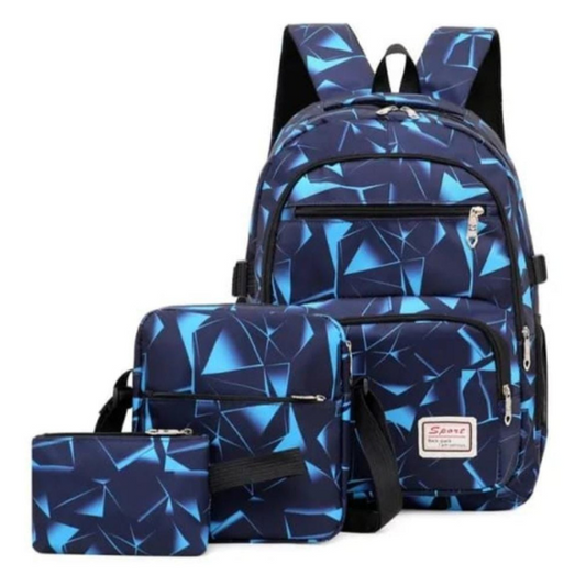 3 Piece Unisex Geometric Backpack Shoulder Bag Pencil Case - Blue