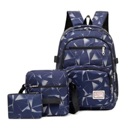 3 Piece Unisex Geometric Backpack Shoulder Bag Pencil Case - Grey