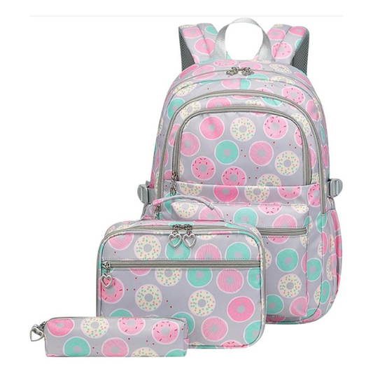 3 Piece Kids Donut Design Backpack Set Pencil Case Lunch Bag School - Grey