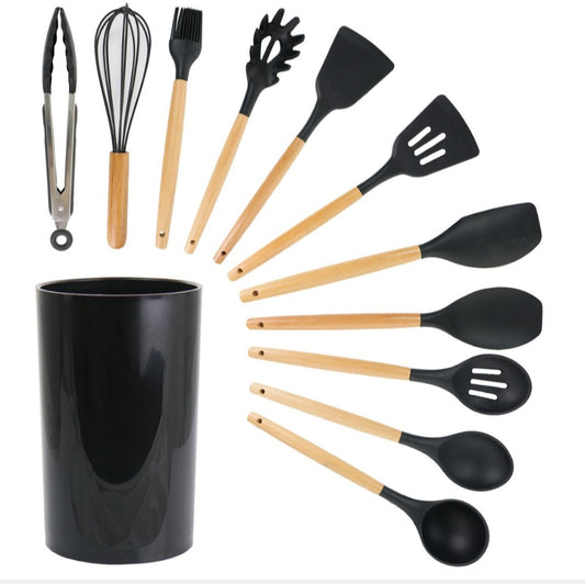 Kitchen Utensils 12 Piece Silicone with Holder - Black