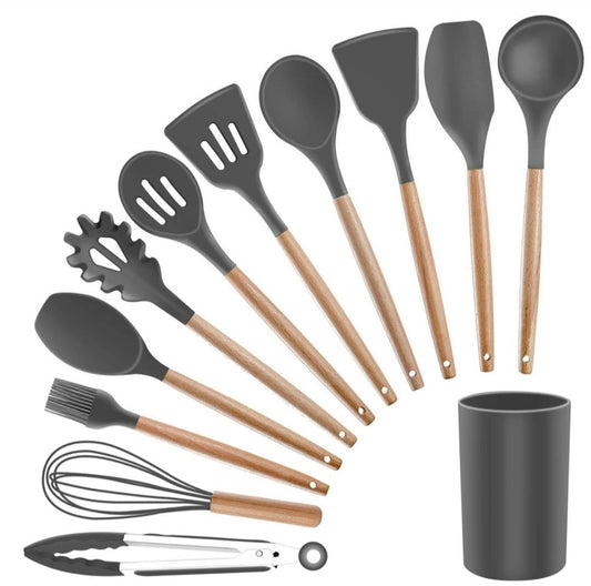 Kitchen Utensils 12 Piece Silicone with Holder - Grey