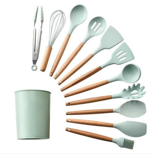 Kitchen Utensils 12 Piece Silicone with Holder - Mint