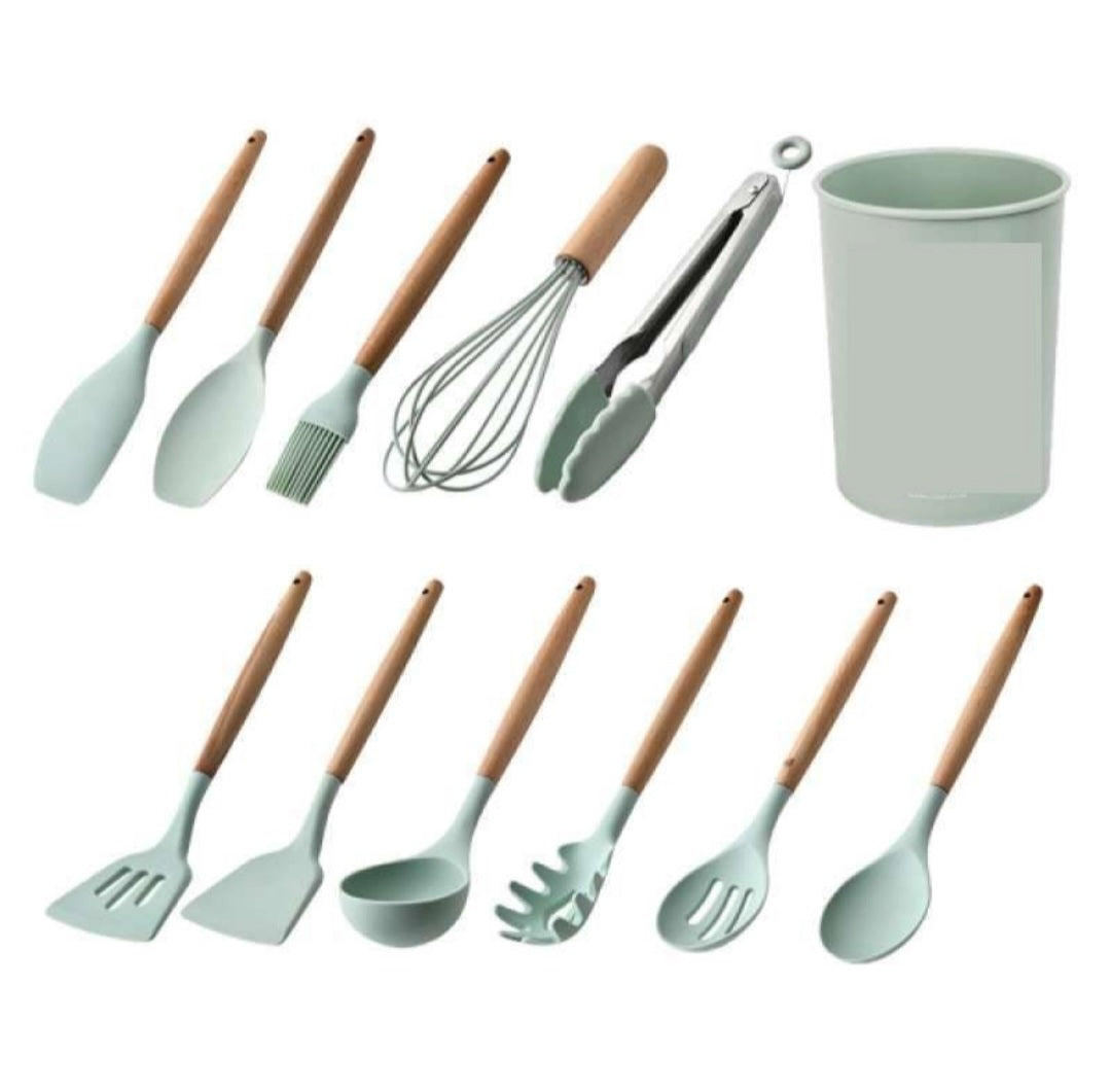 Kitchen Utensils 12 Piece Silicone with Holder - Mint