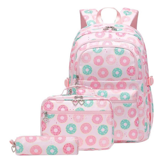 3 Piece Kids Donut Design Backpack Set Pencil Case Lunch Bag School - Pink