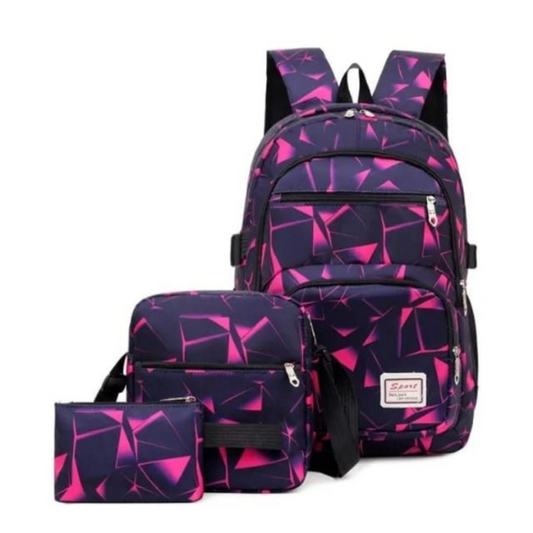 3 Piece Unisex Geometric Backpack Shoulder Bag Pencil Case - Pink