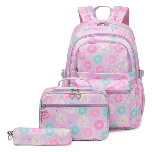 3 Piece Kids Donut Design Backpack Set Pencil Case Lunch Bag School - Purple