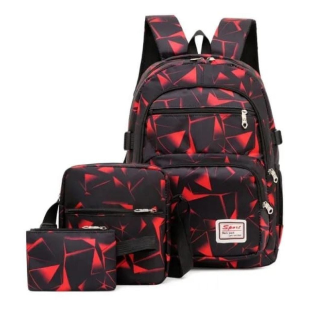 3 Piece Unisex Geometric Backpack Shoulder Bag Pencil Case - Red