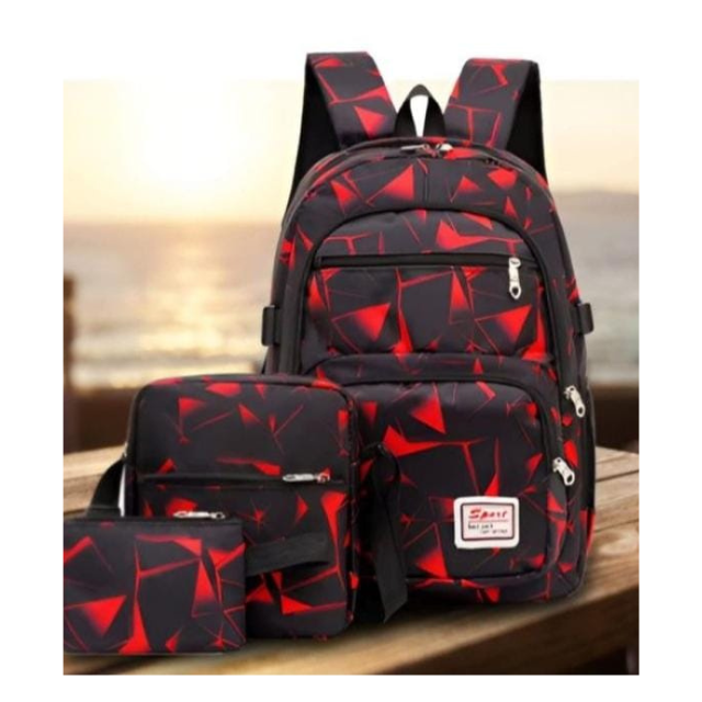 3 Piece Unisex Geometric Backpack Shoulder Bag Pencil Case - Red