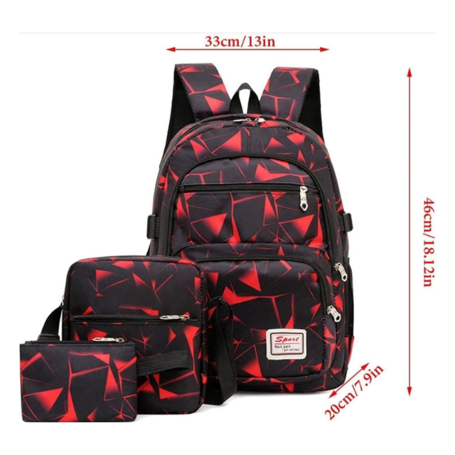 3 Piece Unisex Geometric Backpack Shoulder Bag Pencil Case - Red