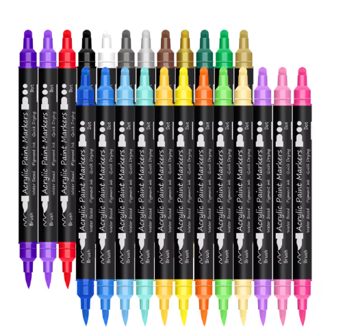 24 Dual Tip Acrylic Paint Marker Pens Brush & Dot Tip