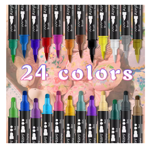 24 Dual Tip Acrylic Paint Marker Pens Brush & Dot Tip