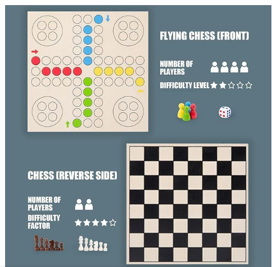 2 in 1 Wooden Ludo and Flying Chess Board Game Travel Portable Kids Adult