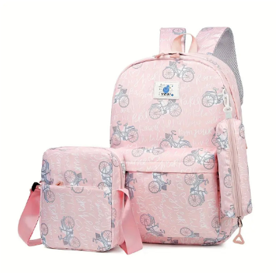 3 Piece Boy/Girl Bicycle Print Backpack Set Pencil Case Lunch Bag School - Pink Bicycle