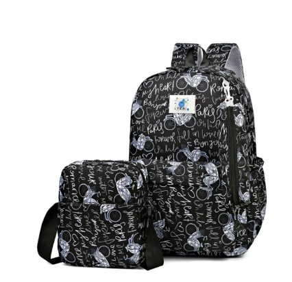 3 Piece Boy/Girl Bicycle Print Backpack Set Pencil Case Lunch Bag School - Black Bicycle