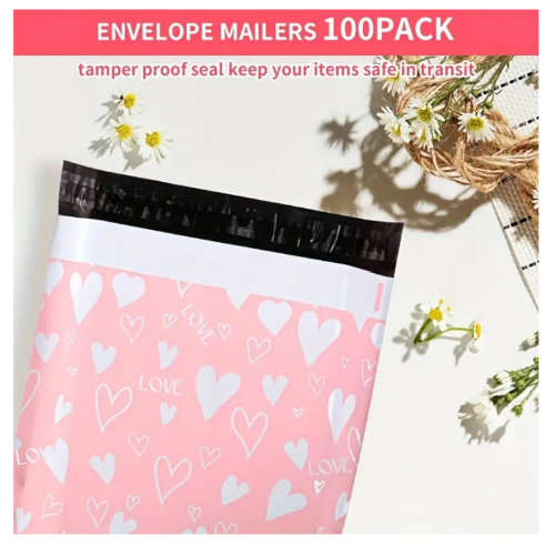 100  Pink White Heart  25x33cm Self-Adhesive Gift Bag Polymailers Packaging