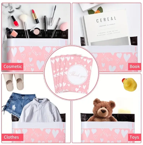 100  Pink White Heart  25x33cm Self-Adhesive Gift Bag Polymailers Packaging