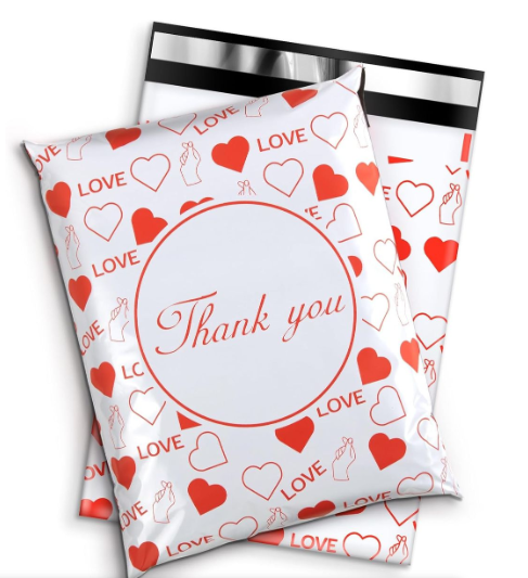 100 White & Red Heart  25x33cm Self-Adhesive Gift Bag  Polymailers Packaging