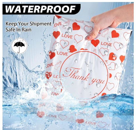 100 White & Red Heart  25x33cm Self-Adhesive Gift Bag  Polymailers Packaging