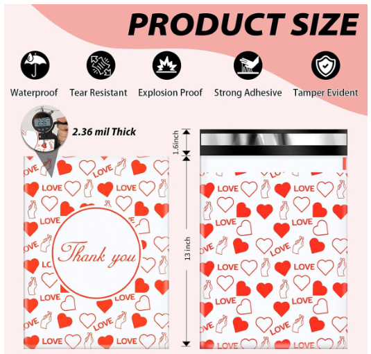 100 White & Red Heart  25x33cm Self-Adhesive Gift Bag  Polymailers Packaging