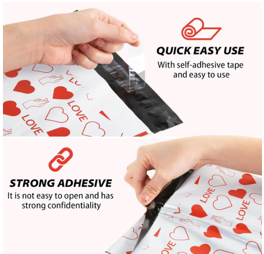 100 White & Red Heart  25x33cm Self-Adhesive Gift Bag  Polymailers Packaging