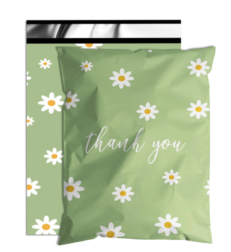 100  Green Daisy Gift Bag 25x33cm Polymailers Packaging Self-Adhesive