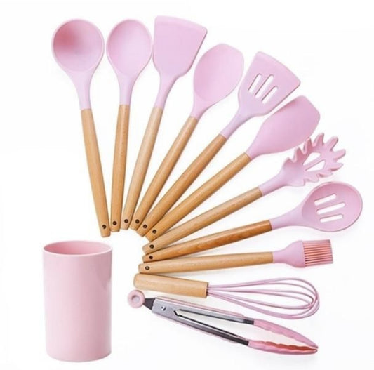 Kitchen Utensils 12 Piece Silicone with Holder - Pink