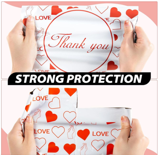 100 White & Red Heart  25x33cm Self-Adhesive Gift Bag  Polymailers Packaging