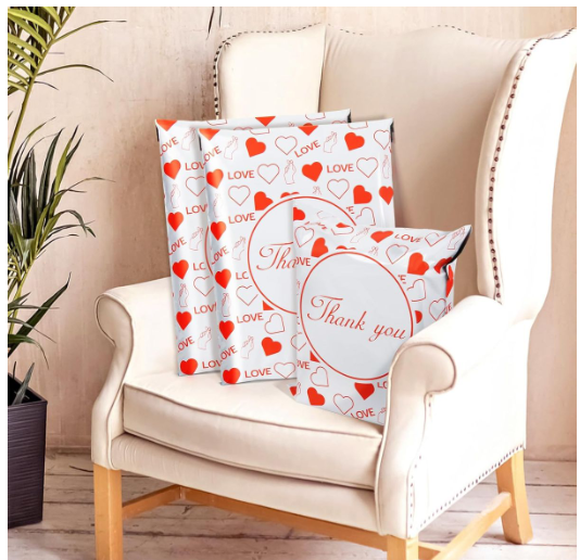 100 White & Red Heart  25x33cm Self-Adhesive Gift Bag  Polymailers Packaging