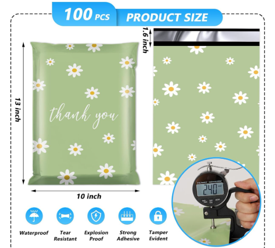 100  Green Daisy Gift Bag 25x33cm Polymailers Packaging Self-Adhesive