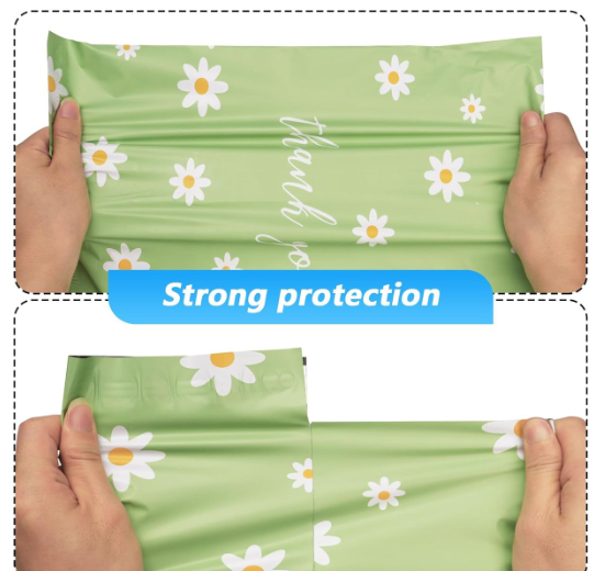100  Green Daisy Gift Bag 25x33cm Polymailers Packaging Self-Adhesive