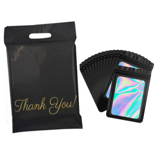2PK Combo 100 Black ThankYou Polymailer Bags & 100 Holographic Resealable Bags