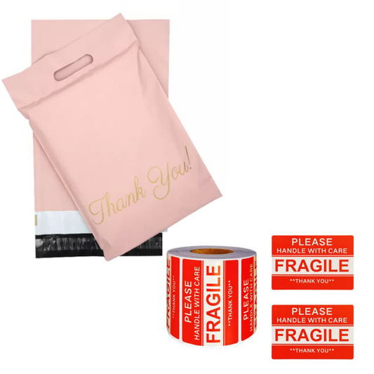2PK Combo 100 Pink Thank you Polymailer Bags & 500 Fragile Stickers