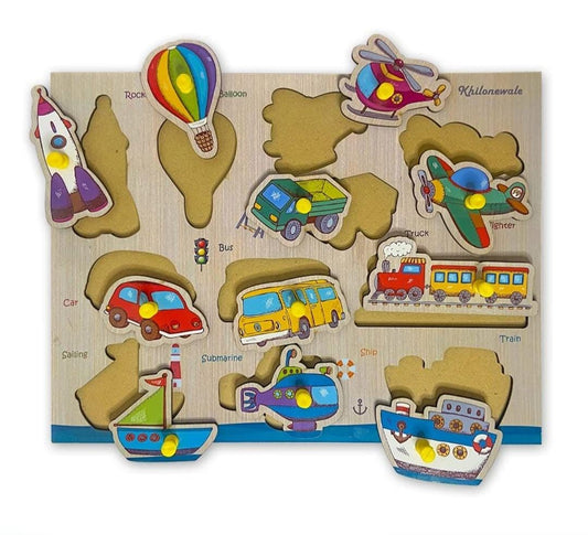 12 Piece Toddler Gripping Peg Board Matching Vehicle Themed Wooden Puzzle