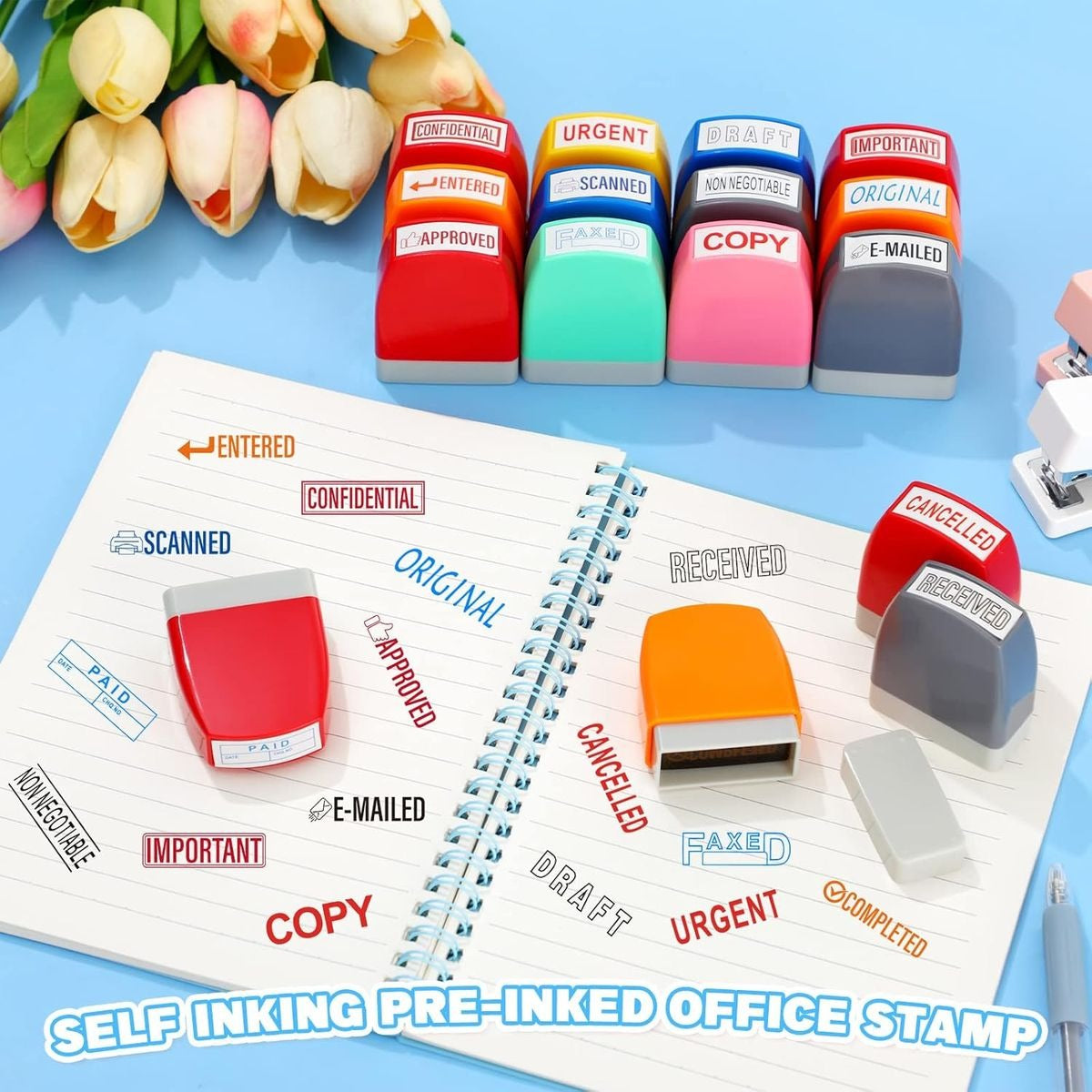 8 PCS Commercial Business Office Multicolour Message Stamps Self-ink in Case PACK 1