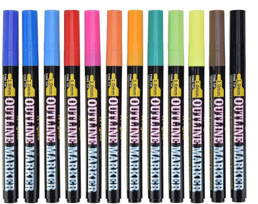 12 Outline Colour Marker Pens 1.0mm Fine Tip