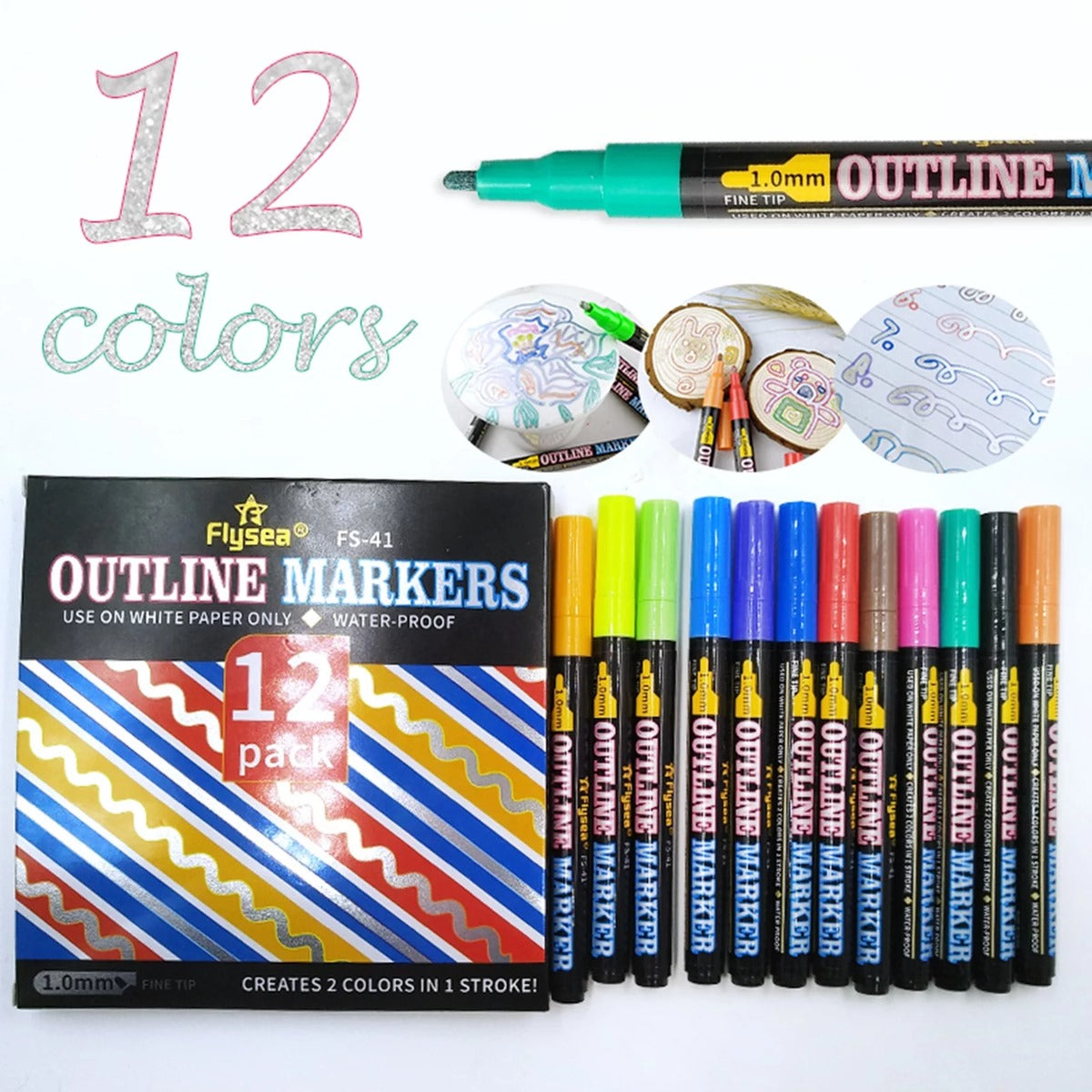 12 Outline Colour Marker Pens 1.0mm Fine Tip