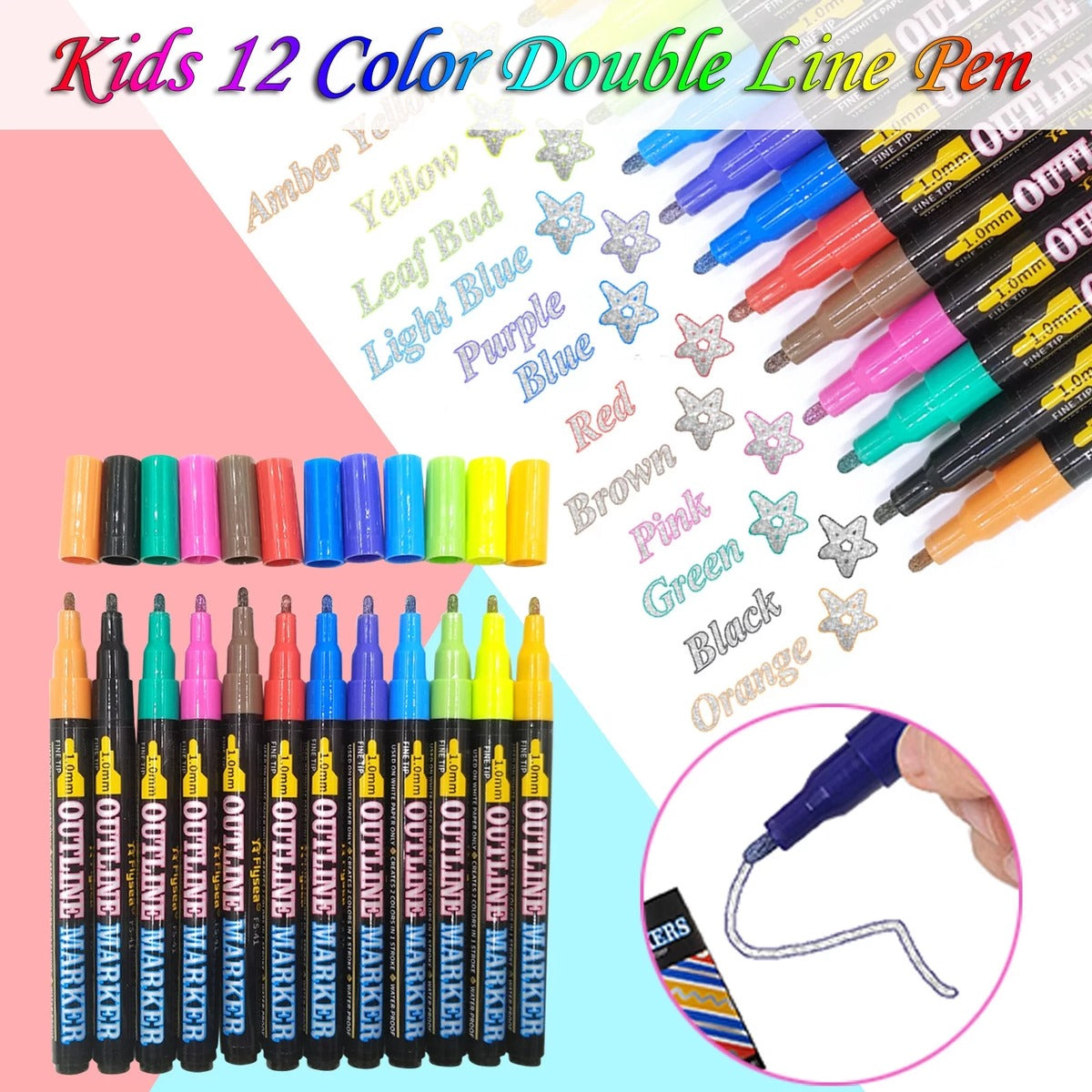 12 Outline Colour Marker Pens 1.0mm Fine Tip